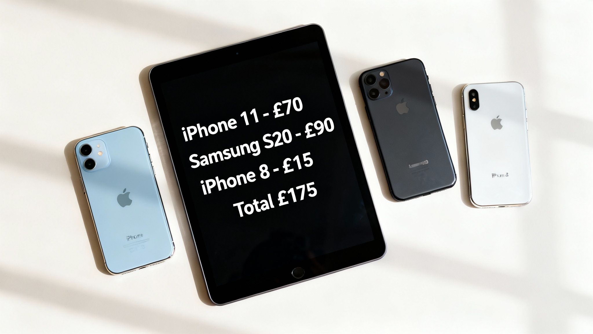 Various smartphones including iPhone 11, Samsung S20, and iPhone 8 with trade-in values displayed on a tablet.