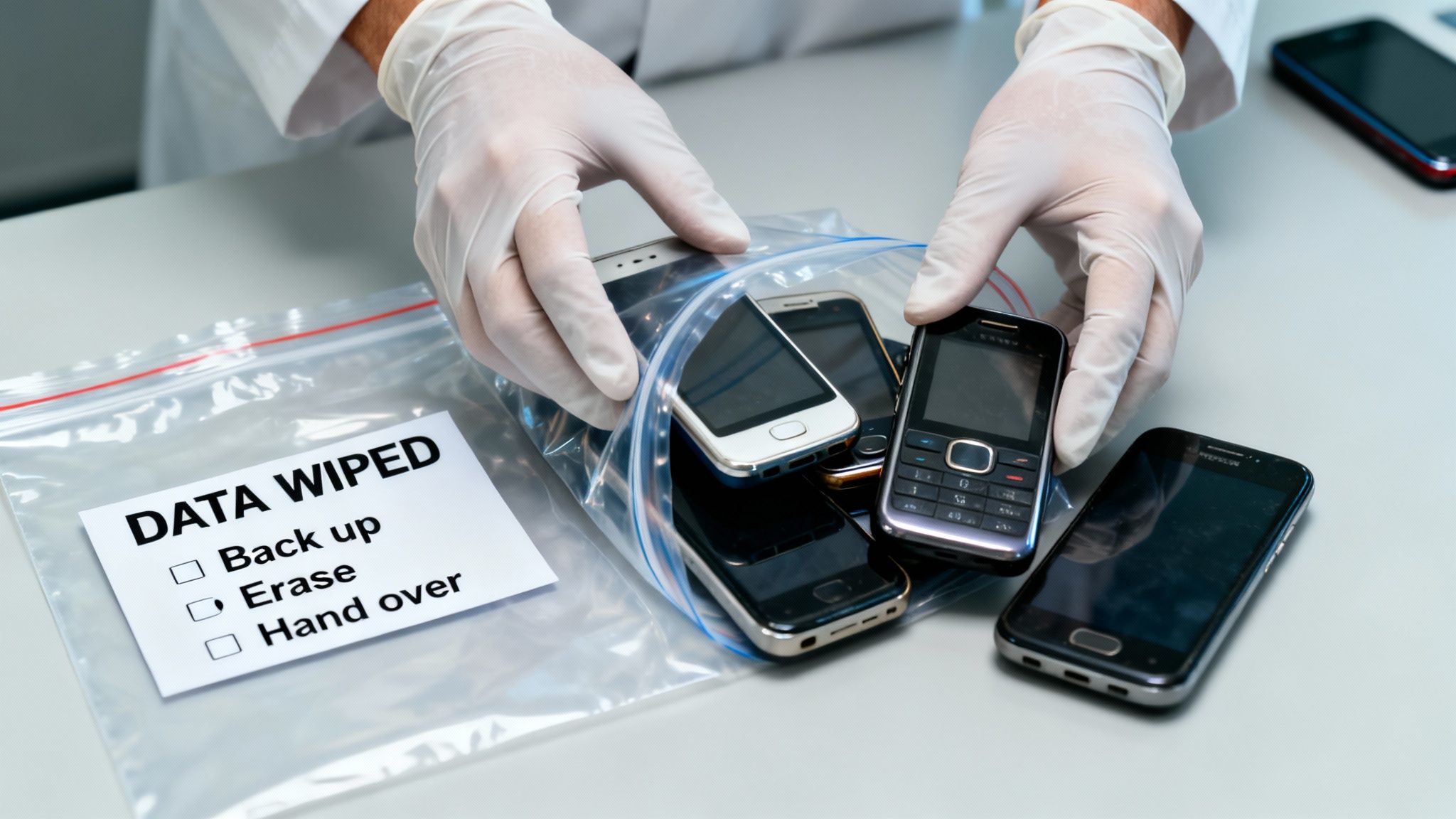 A person in white gloves handles multiple mobile phones, some in a bag labeled 'DATA WIPED' with 'Erase' checked.