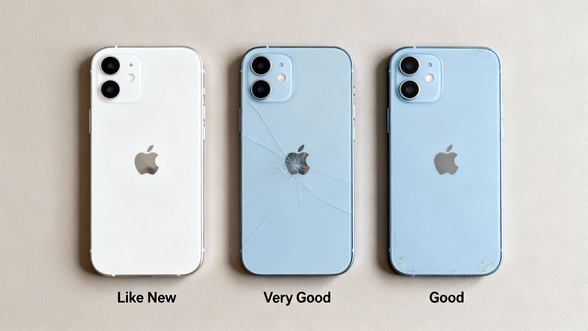 Three refurbished iPhone 12 phones in white and blue, showing like new, very good, and good conditions.