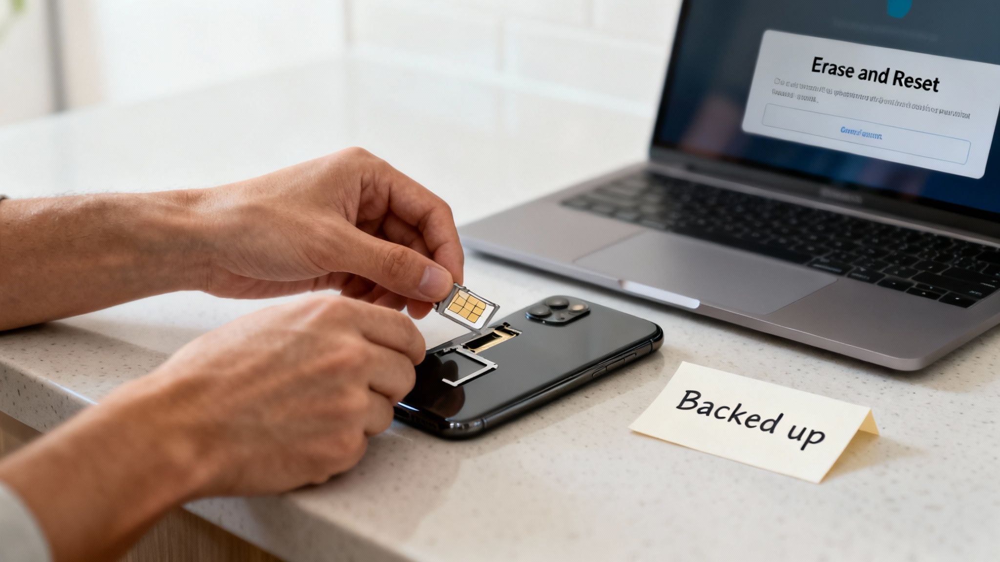 Hands insert a SIM card into a smartphone while a laptop shows an "Erase and Reset" screen, with a "Backed up" note nearby.