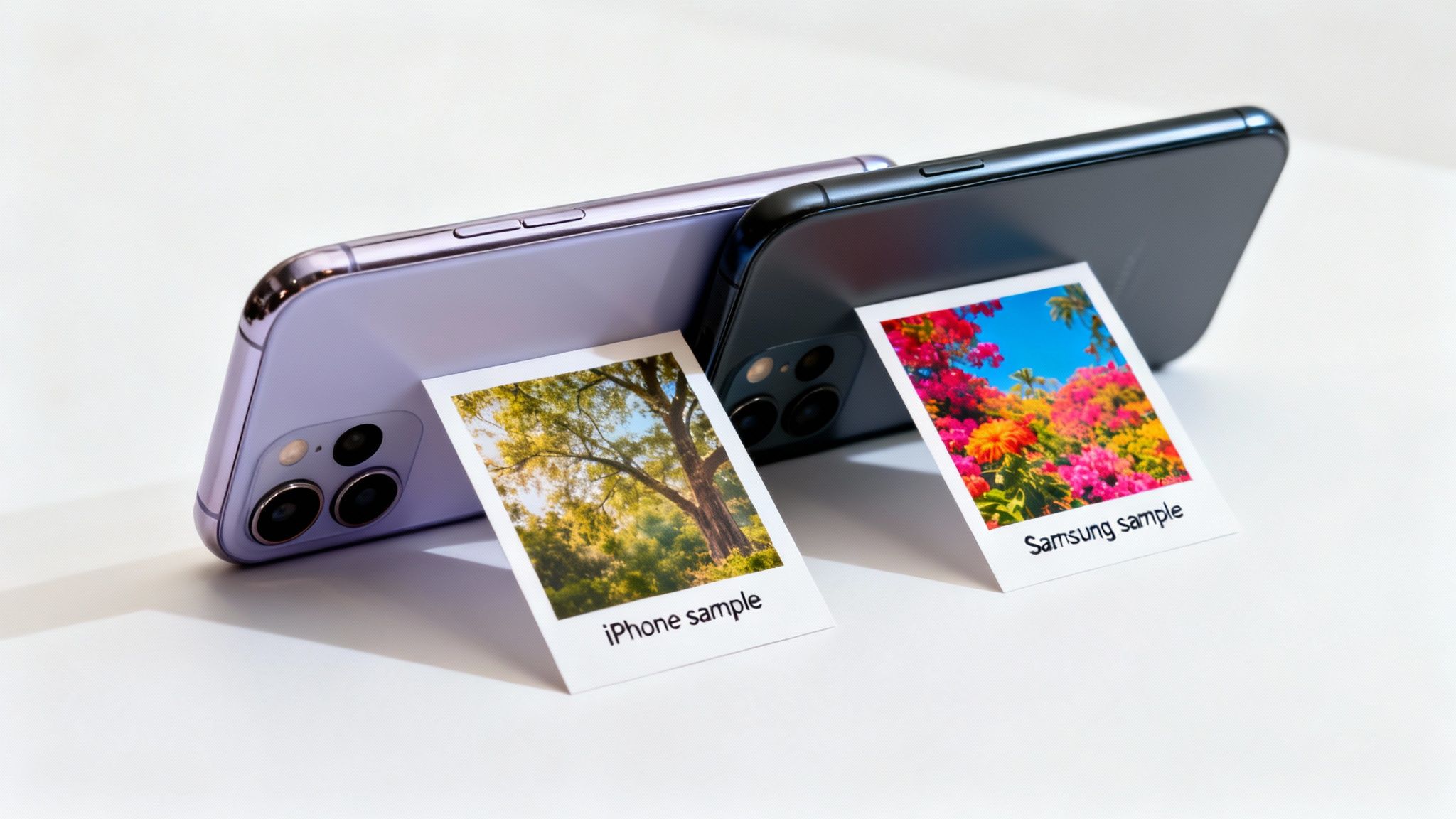 Two smartphones, an iPhone (purple) and a Samsung (black), showcasing sample photos on small prints.