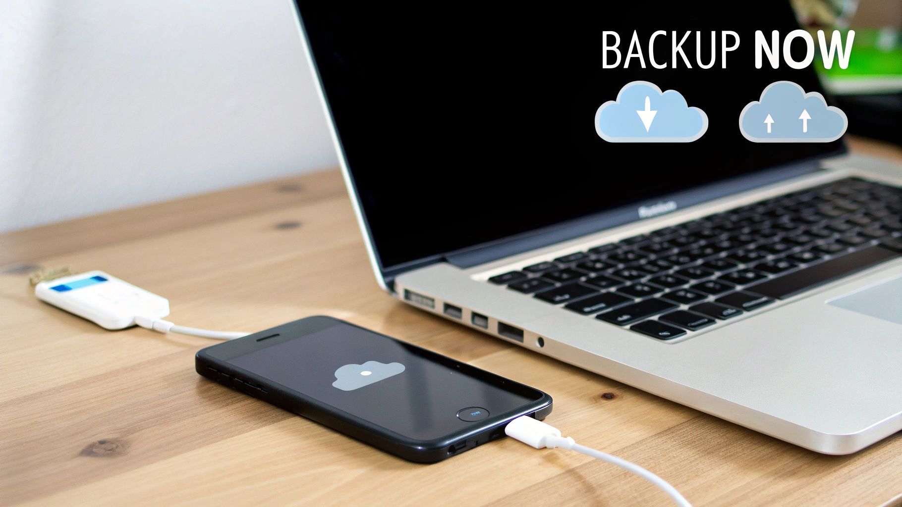 A person holding an iPhone displaying the Settings app, ready to perform a backup.