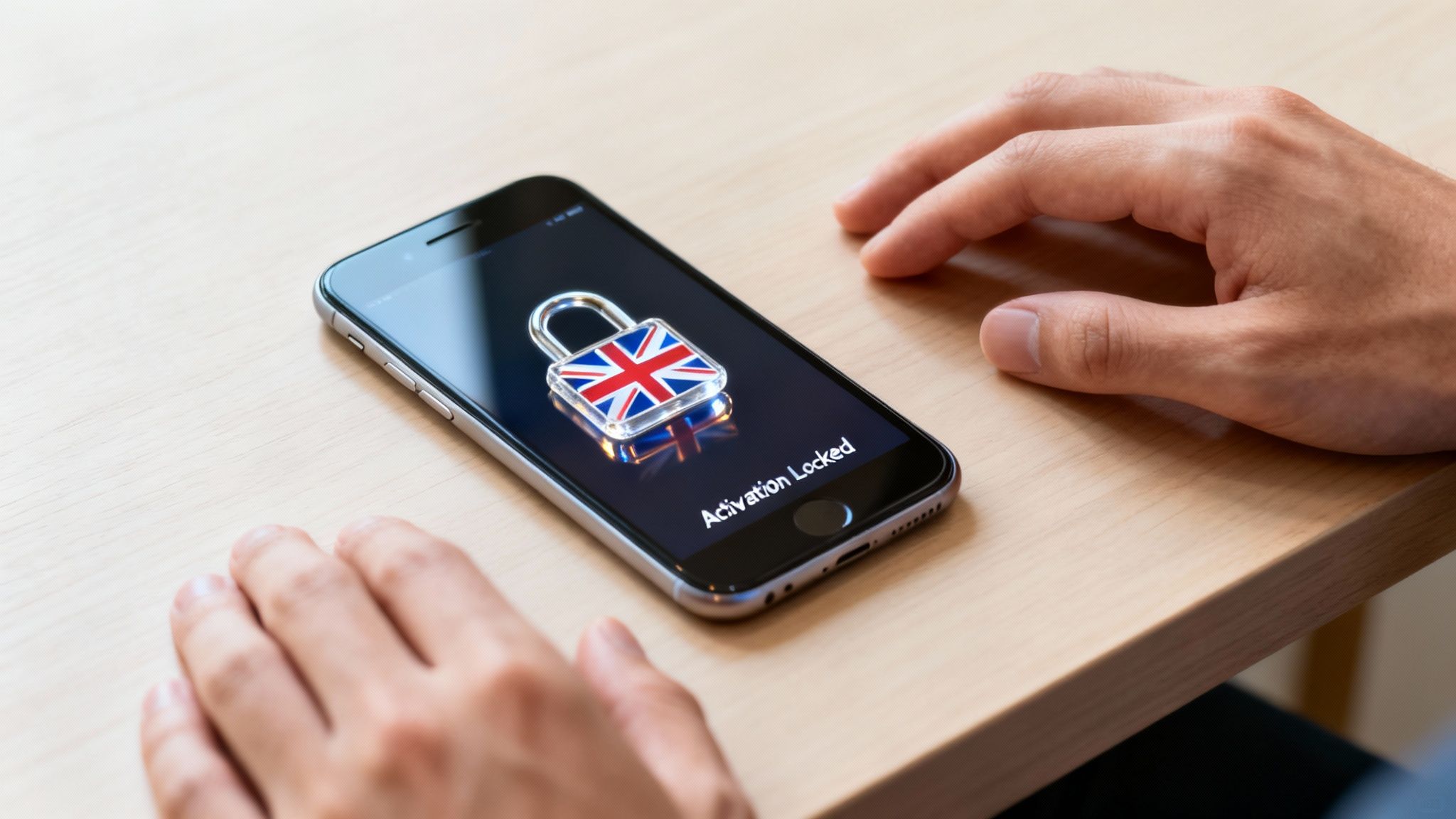 A smartphone displays an 'Activation Locked' screen with a Union Jack padlock, next to hands on a wooden table.