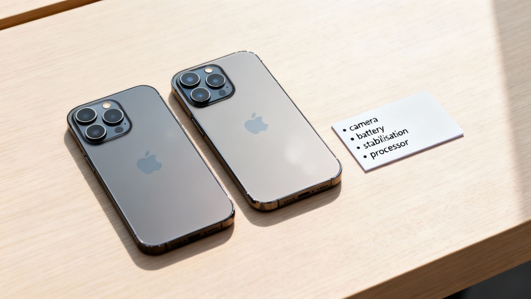 Two grey iPhone Pro Max phones on a wooden table, next to a card listing features.