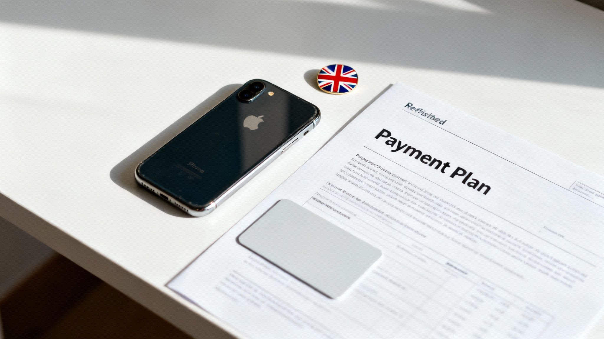 A refurbished iPhone, UK flag pin, a 'Payment Plan' document, and a card on a white desk.