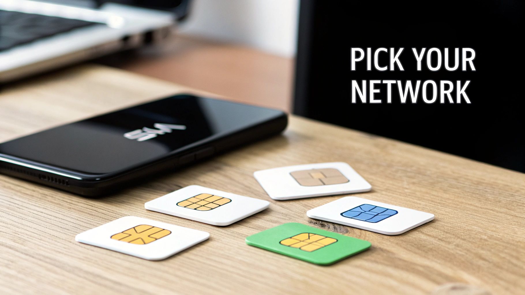 A person holding a new iPhone with a display of mobile network logos behind them