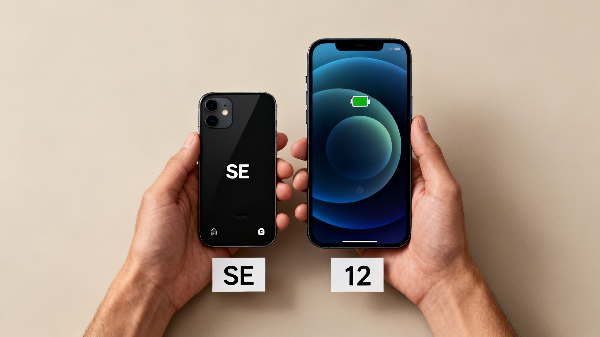 Two hands holding an iPhone SE and a larger iPhone 12 side-by-side, comparing their sizes.