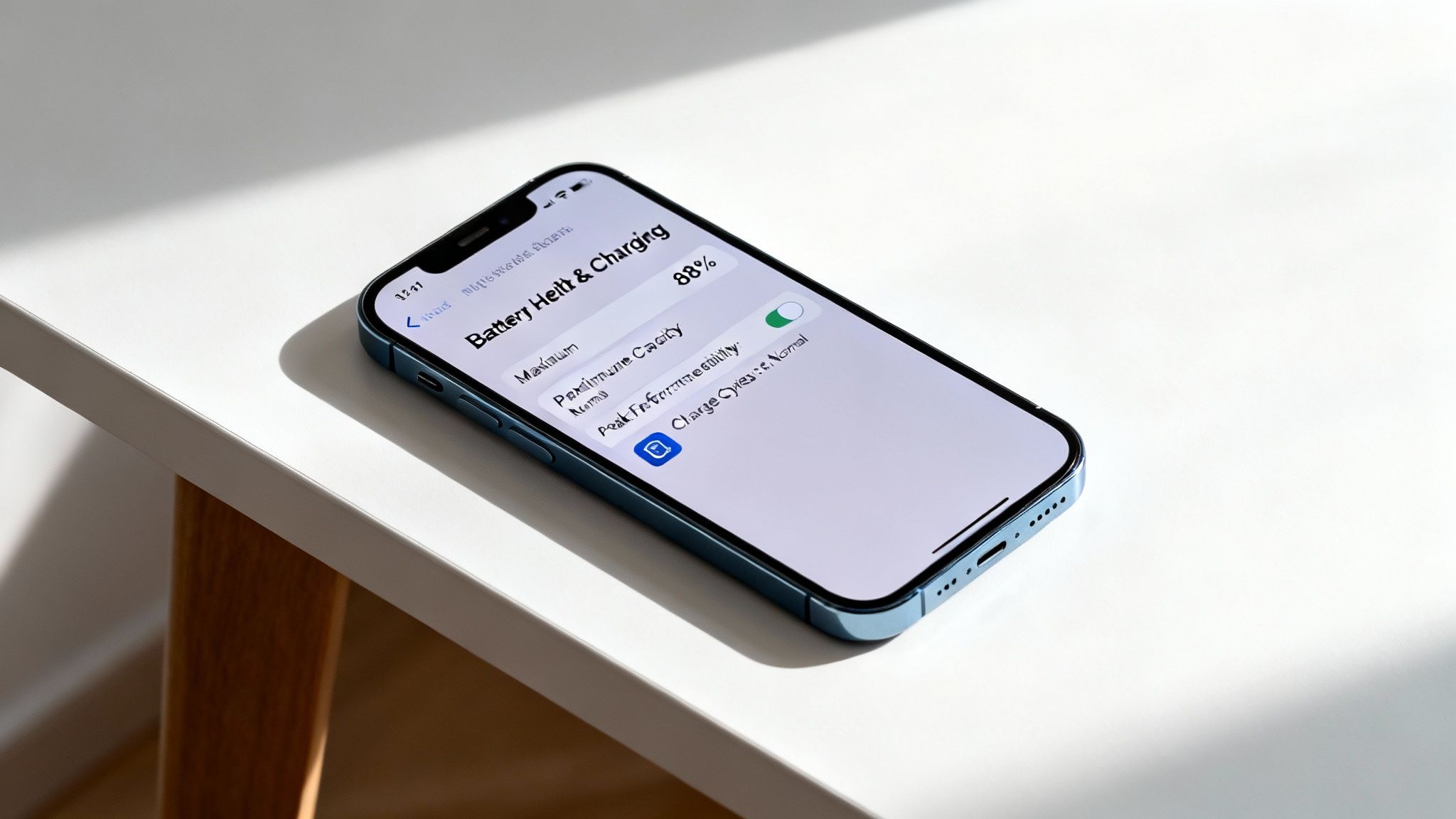 Close-up of an iPhone screen showing battery health details, with 88% maximum capacity.