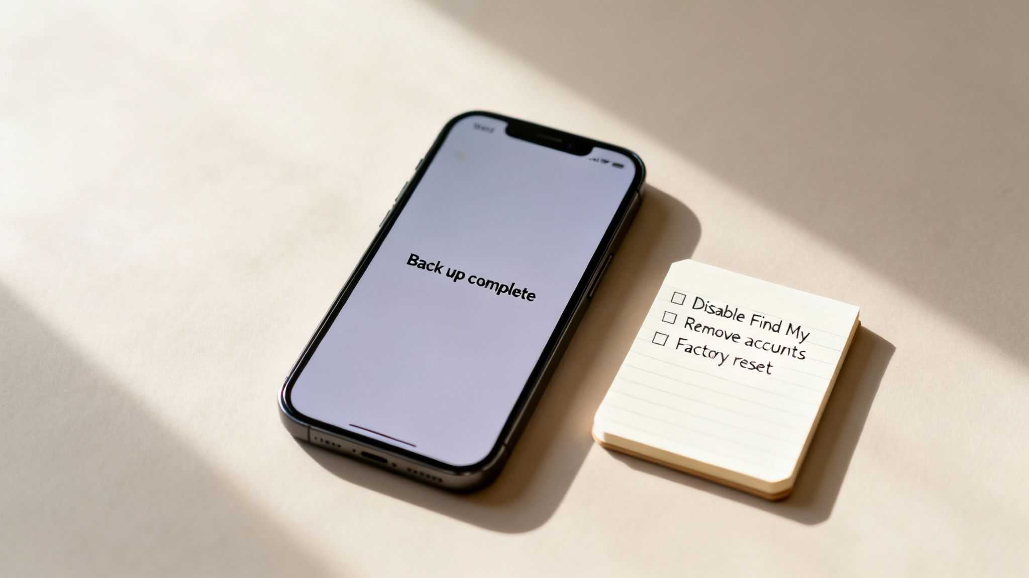A smartphone displaying 'Back up complete' next to a checklist for trading in a phone.