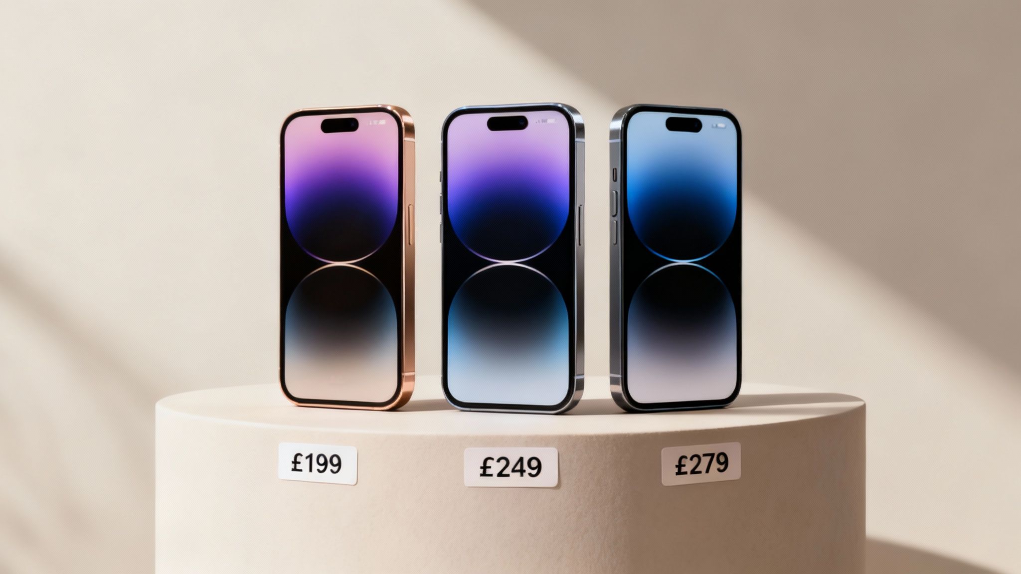 Three modern smartphones in different colors with price tags on a display stand.