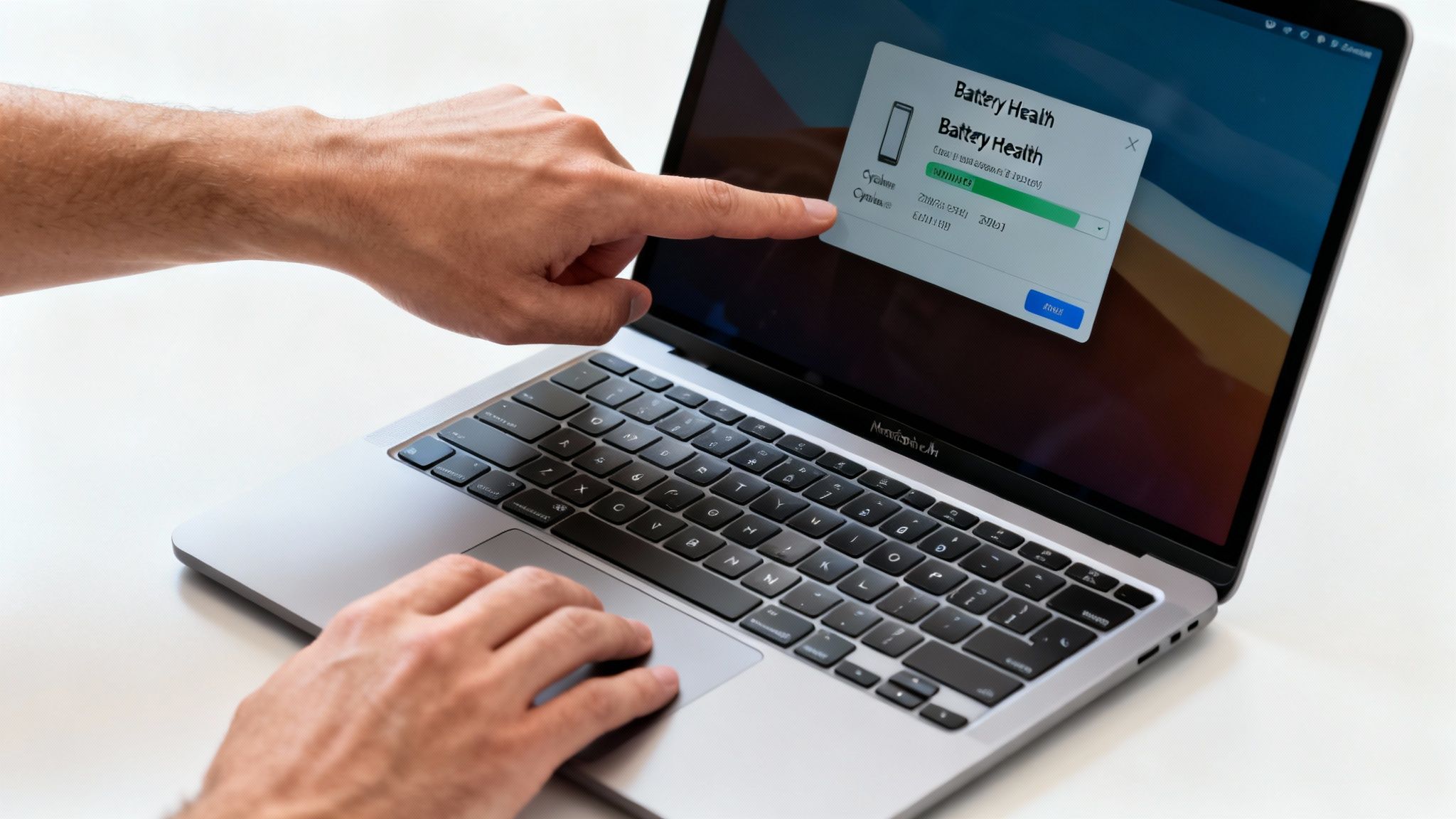 A Smart Buyer's Guide to a Refurbished MacBook Air in the UK 3 Person's hands using a silver MacBook laptop showing battery health on screen.