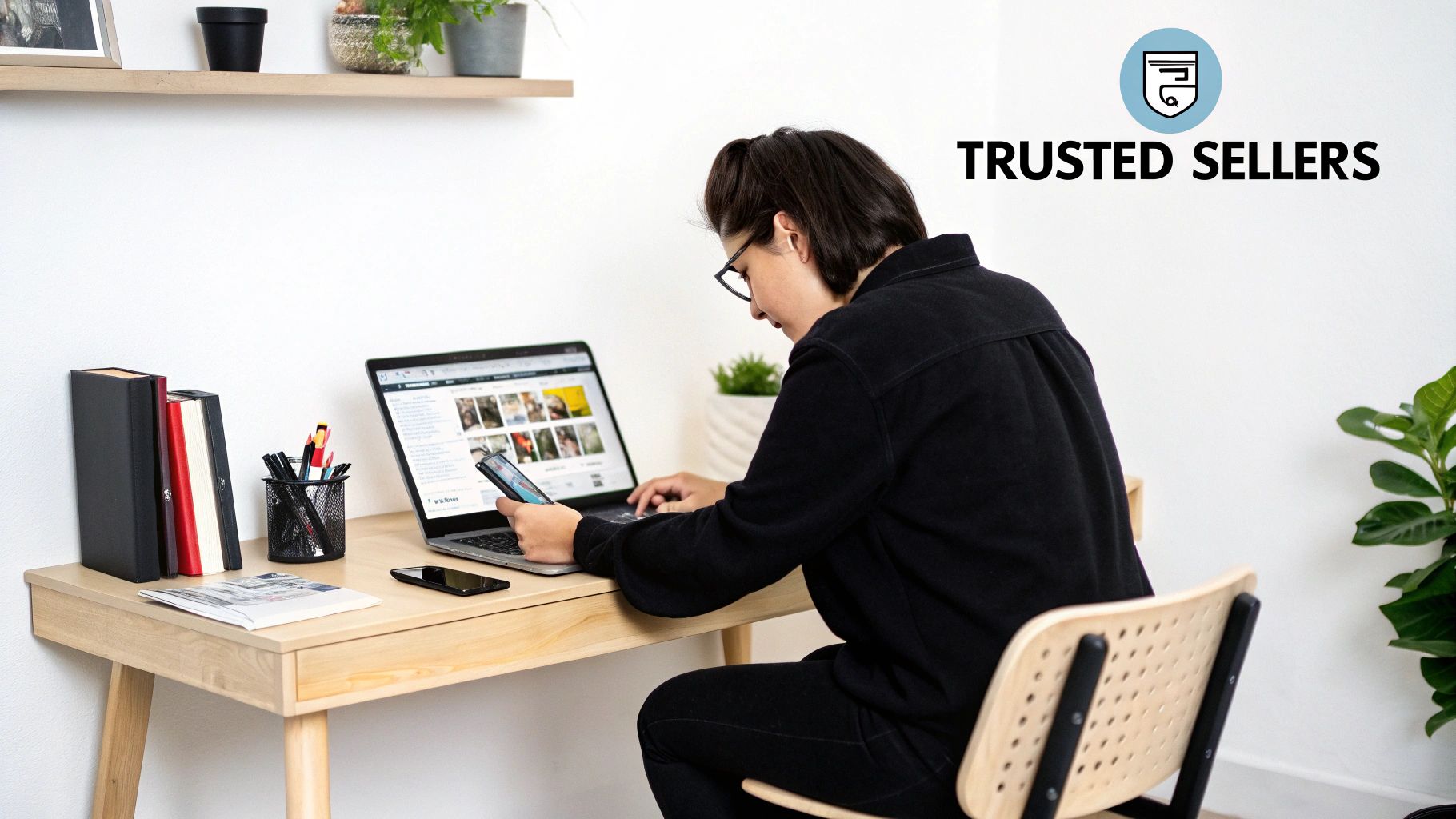 A person confidently making an online purchase on a laptop, indicating a trusted seller