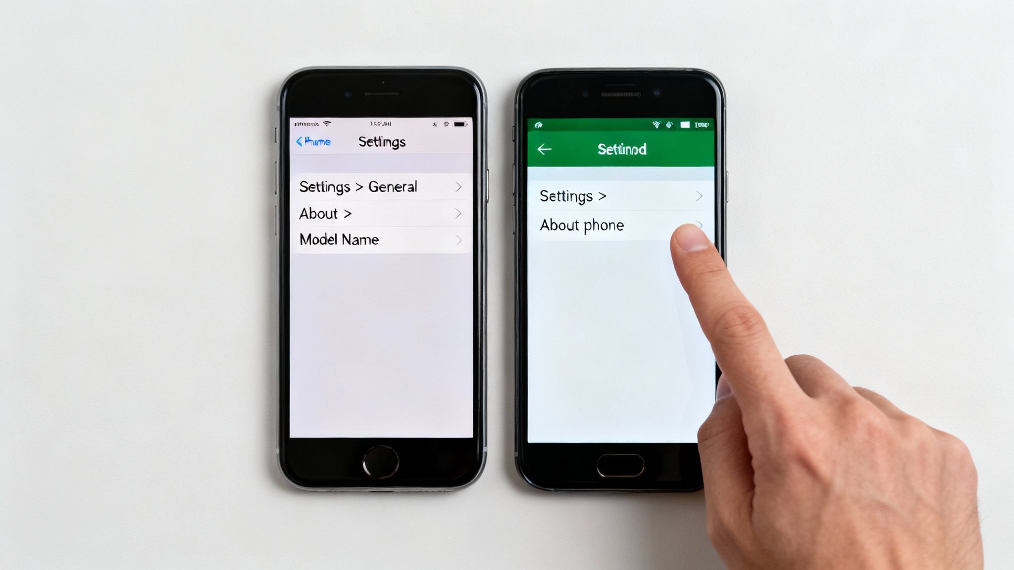 Two smartphones side-by-side, displaying settings menus to find phone model and 'About phone' details.