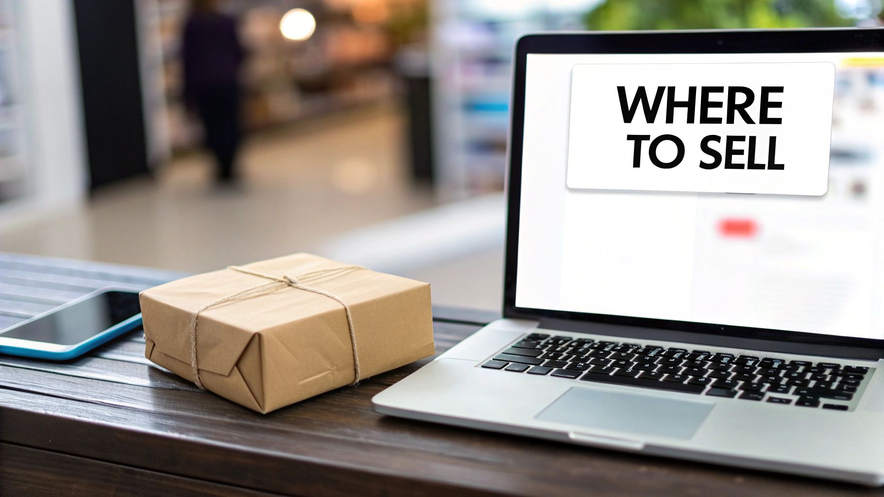 A person's hands holding a smartphone with various retailer logos floating around it.