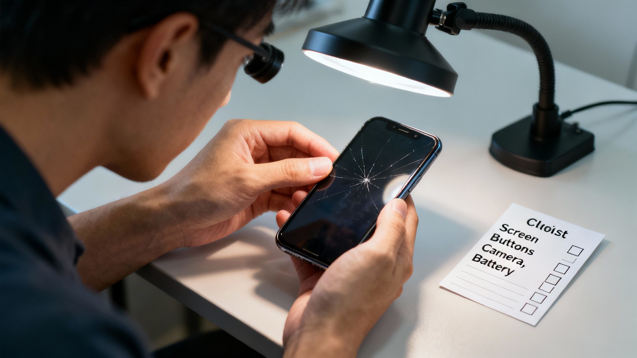 Close-up of a person repairing a smartphone with a cracked screen under a desk lamp.