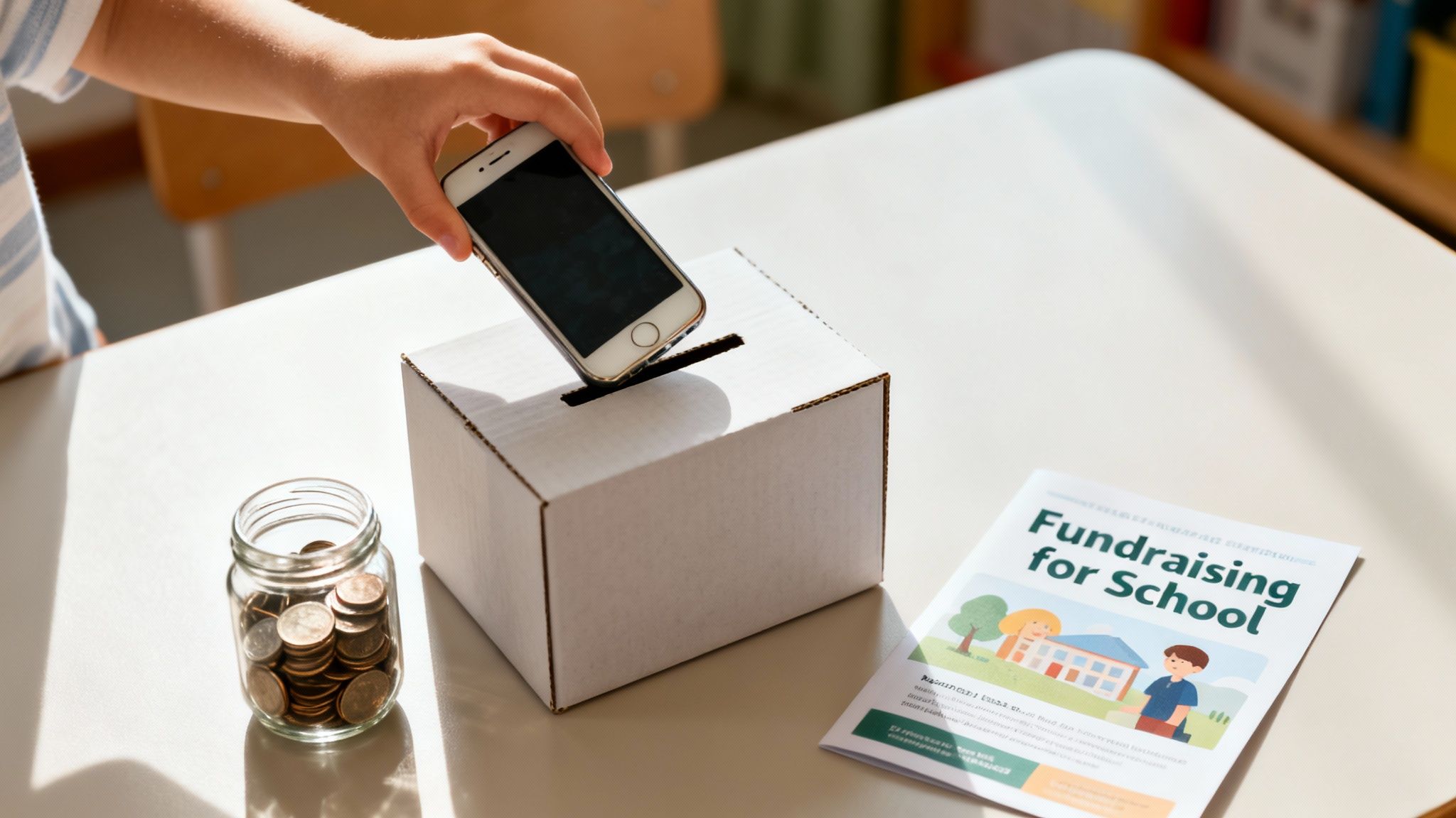 A child's hand places a smartphone into a donation box for school fundraising, with coins and a brochure.