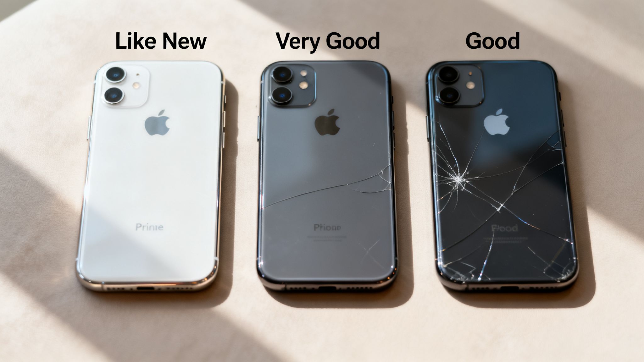 Three refurbished iPhones displaying 'Like New', 'Very Good', and 'Good' conditions with varying back glass damage.