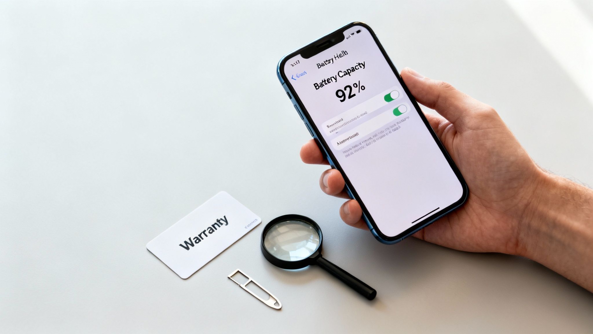 A hand holds an iPhone displaying 92% battery capacity, with a warranty card and tools.
