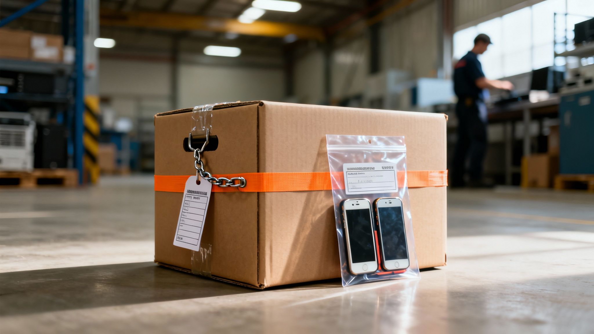 Two mobile phones in a plastic bag attached to a secure cardboard box in a warehouse.