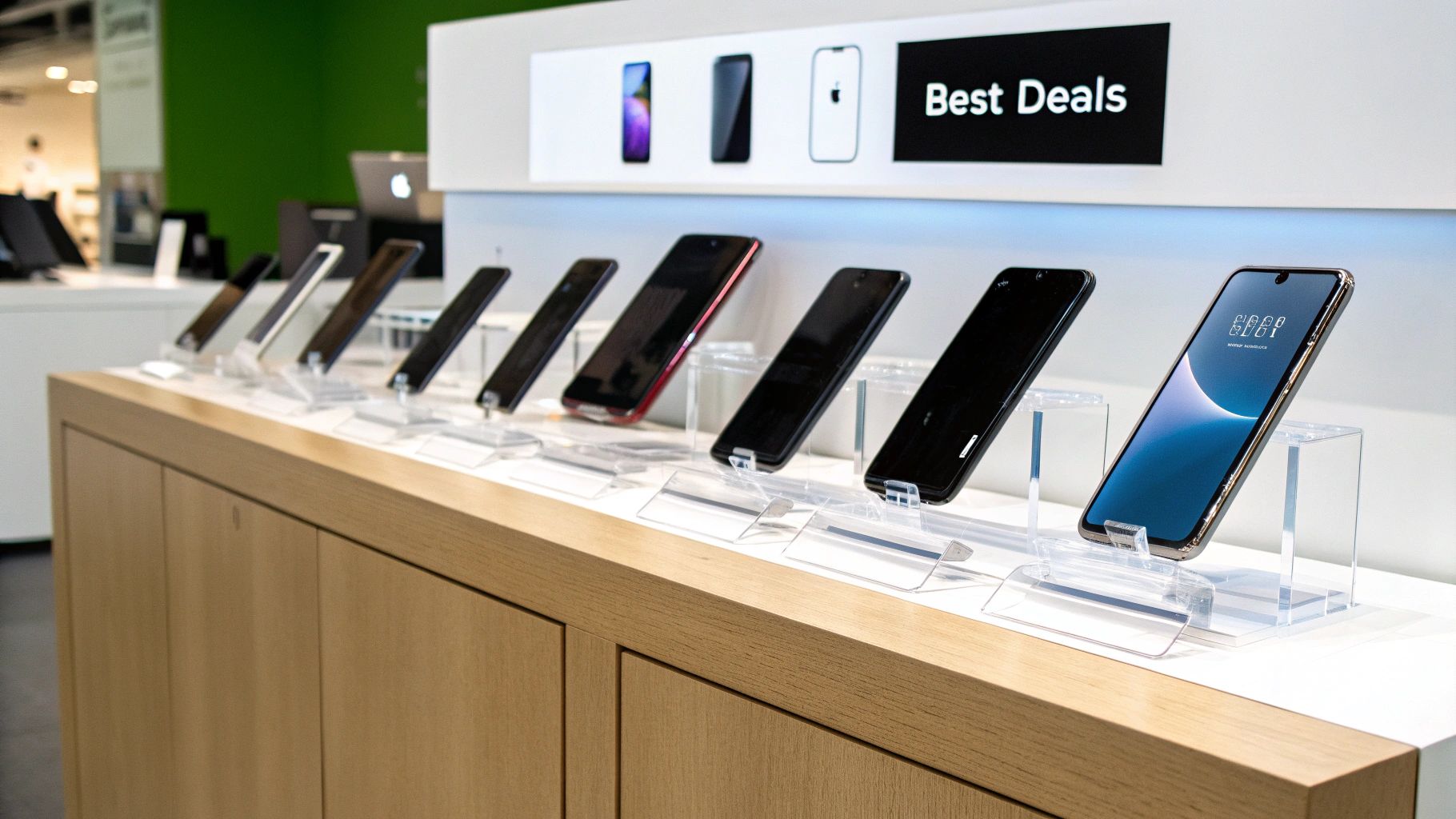 A person's hand holding a pristine refurbished smartphone against a clean, modern background.