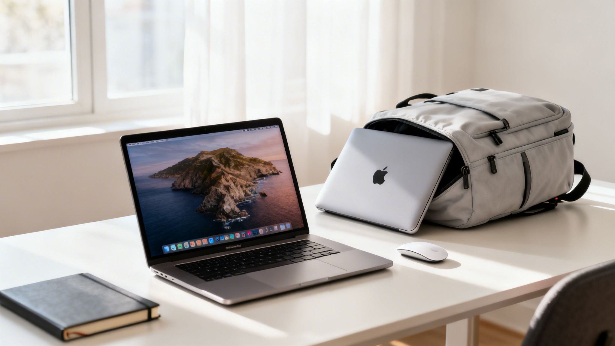 An open MacBook Pro on a desk, another silver MacBook in a grey backpack, with a mouse and notebook.