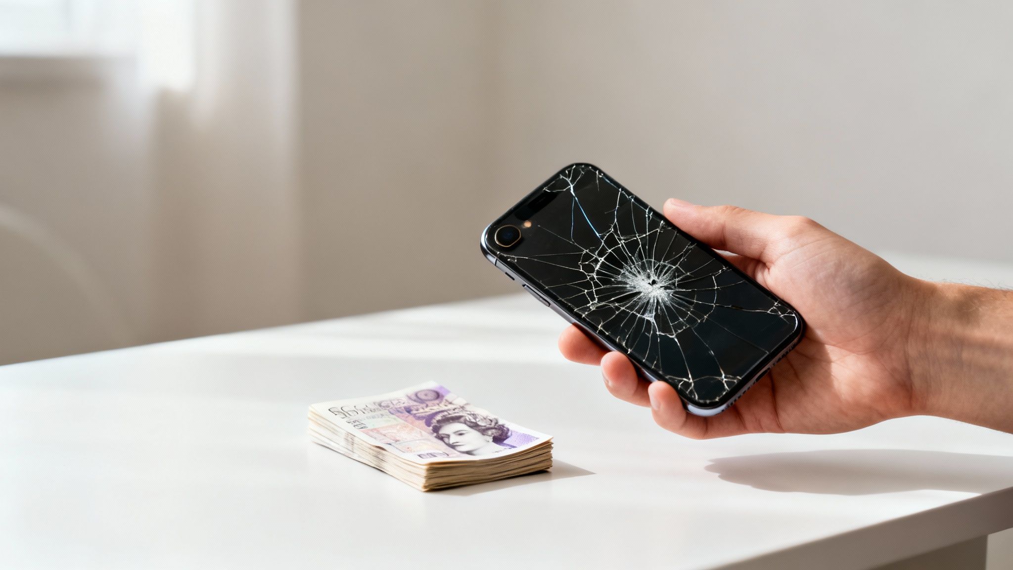 A hand holds a smartphone with a shattered screen, next to a stack of British Pound banknotes on a white table.