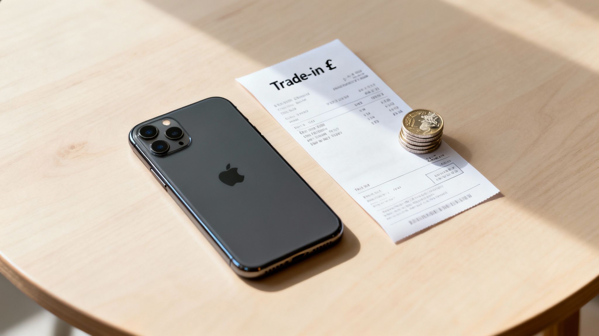 A dark grey iPhone next to a 'Trade-in &pound;' receipt and stacked coins on a wooden table, symbolizing a tech trade-in.