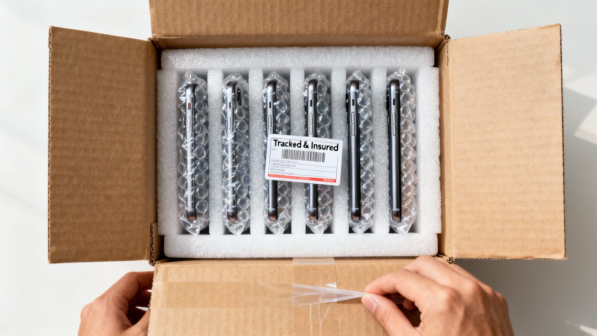 Person packing multiple bubble-wrapped smartphones in a foam-lined box with a 'Tracked & Insured' label.