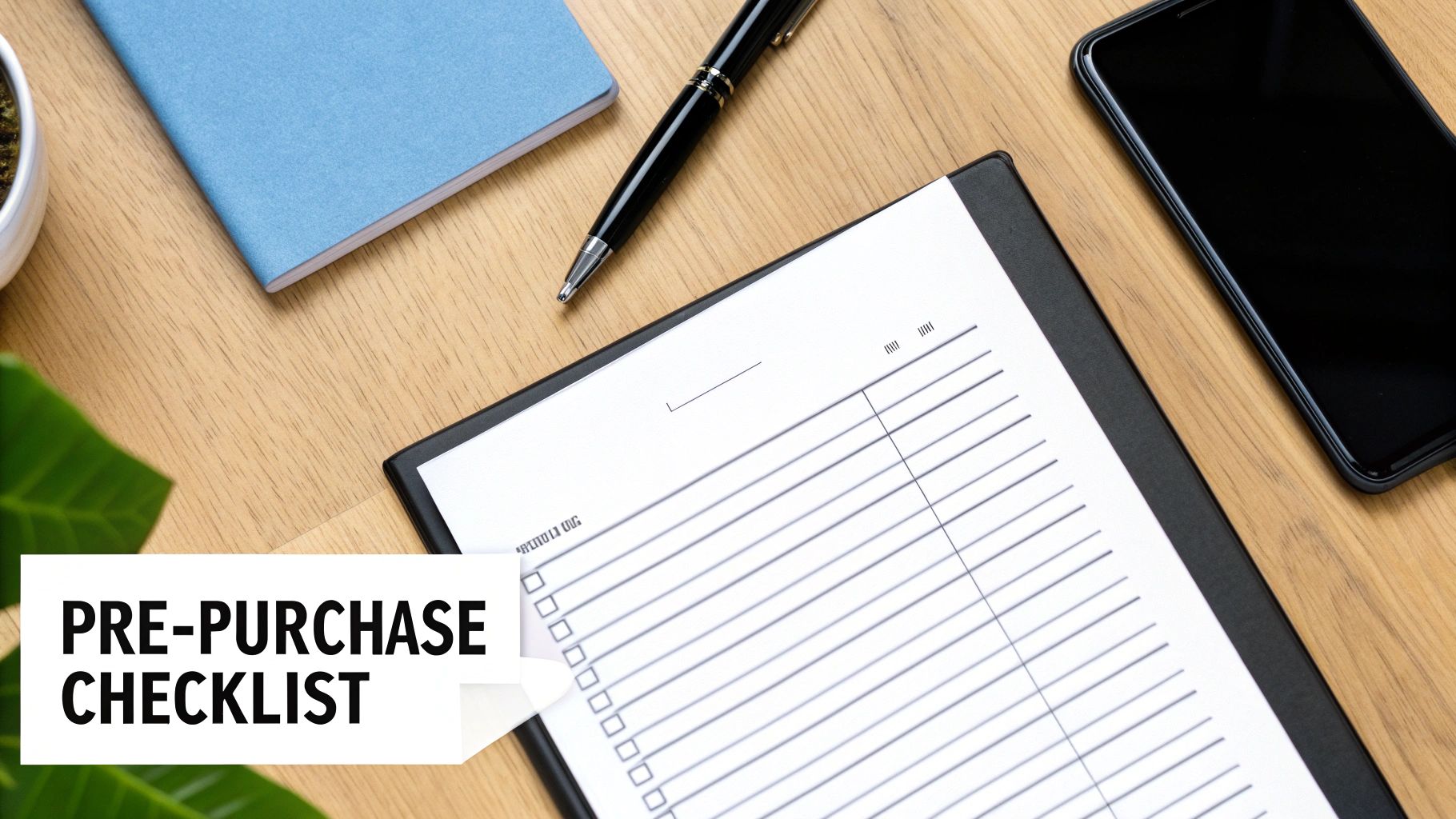 A close-up of a person's hands holding a refurbished iPhone, checking the settings on the screen, with a checklist on a notepad nearby.