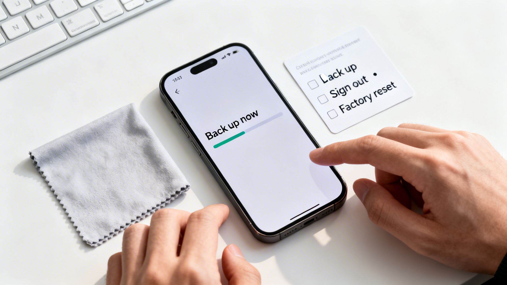 Person backing up a smartphone displaying 'Back up now', with a checklist and cleaning cloth nearby.