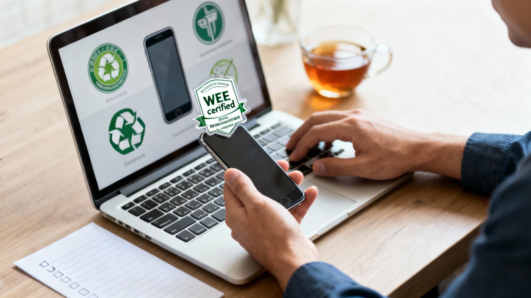 Hands holding a WEE certified smartphone and typing on a laptop displaying recycling symbols.