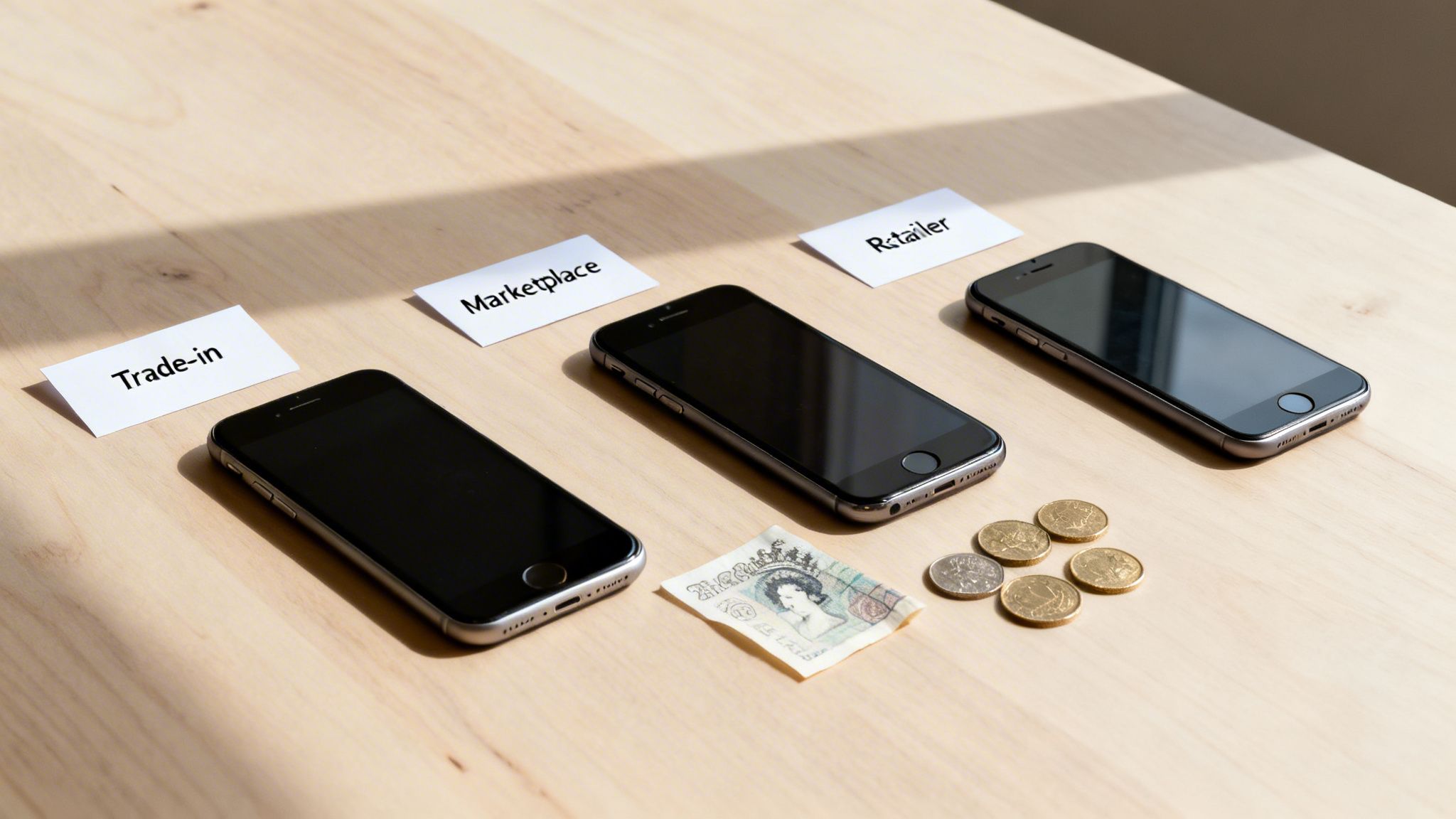 Three smartphones on a wooden table with 'Trade-in', 'Marketplace', and 'Retailer' labels, plus money.