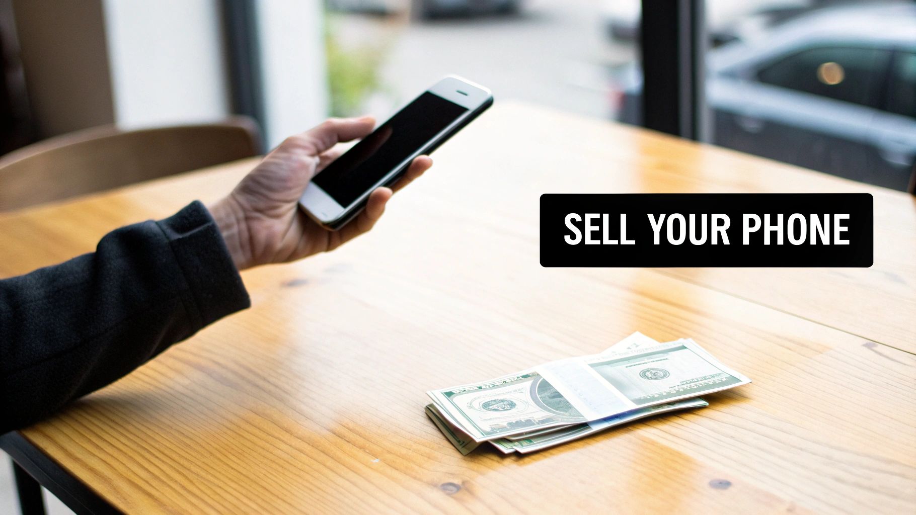 Old phone on table waiting to be sold