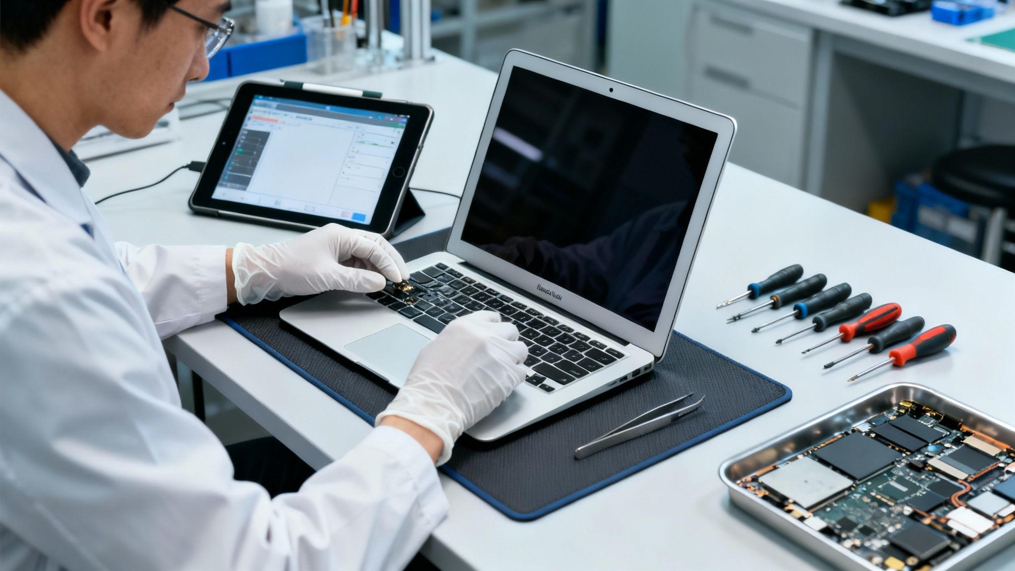 A Smart Buyer's Guide to a Refurbished MacBook Air in the UK 1 Technician in lab coat and gloves repairing a MacBook Air keyboard on a workbench with tools.