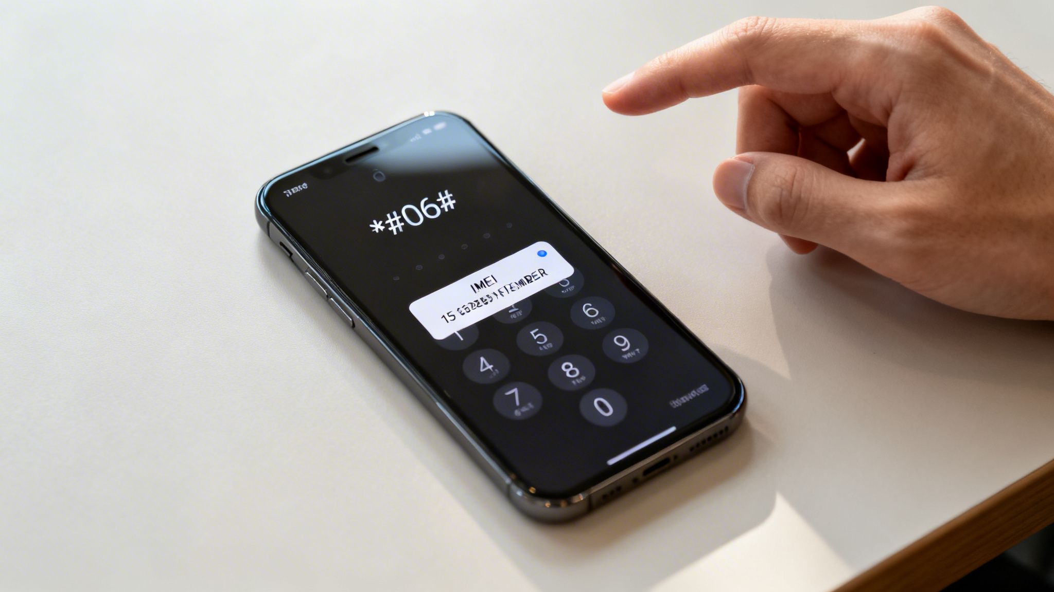 A hand pointing at a smartphone screen displaying the IMEI number after dialing *#06#.