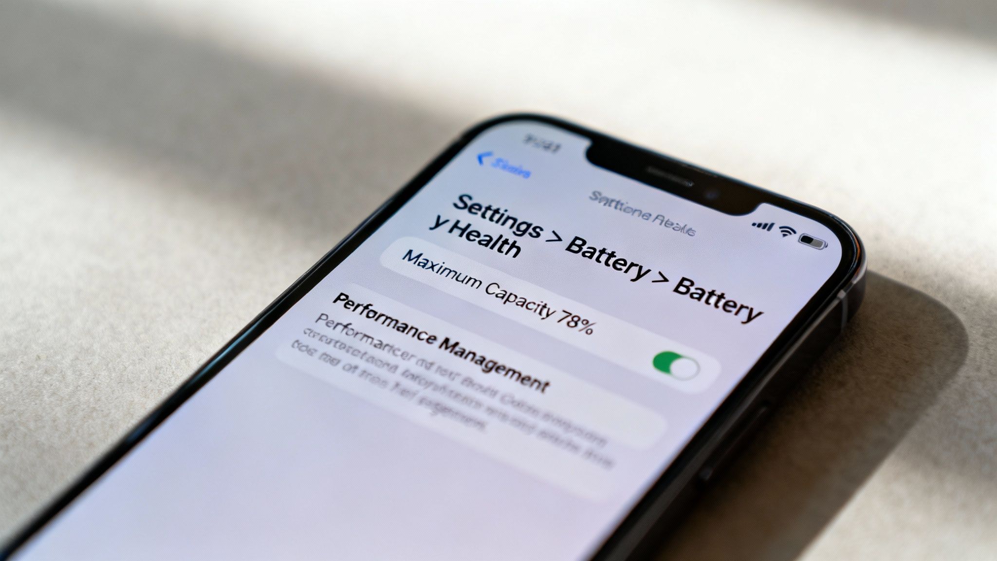 An iPhone displaying its Battery Health screen, showing 78% maximum capacity and active performance management.