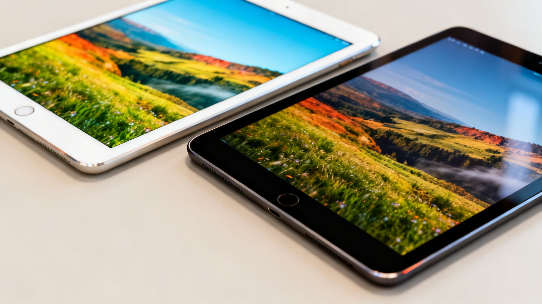 Two iPads, one white and one space gray, displaying a vibrant landscape wallpaper side-by-side.