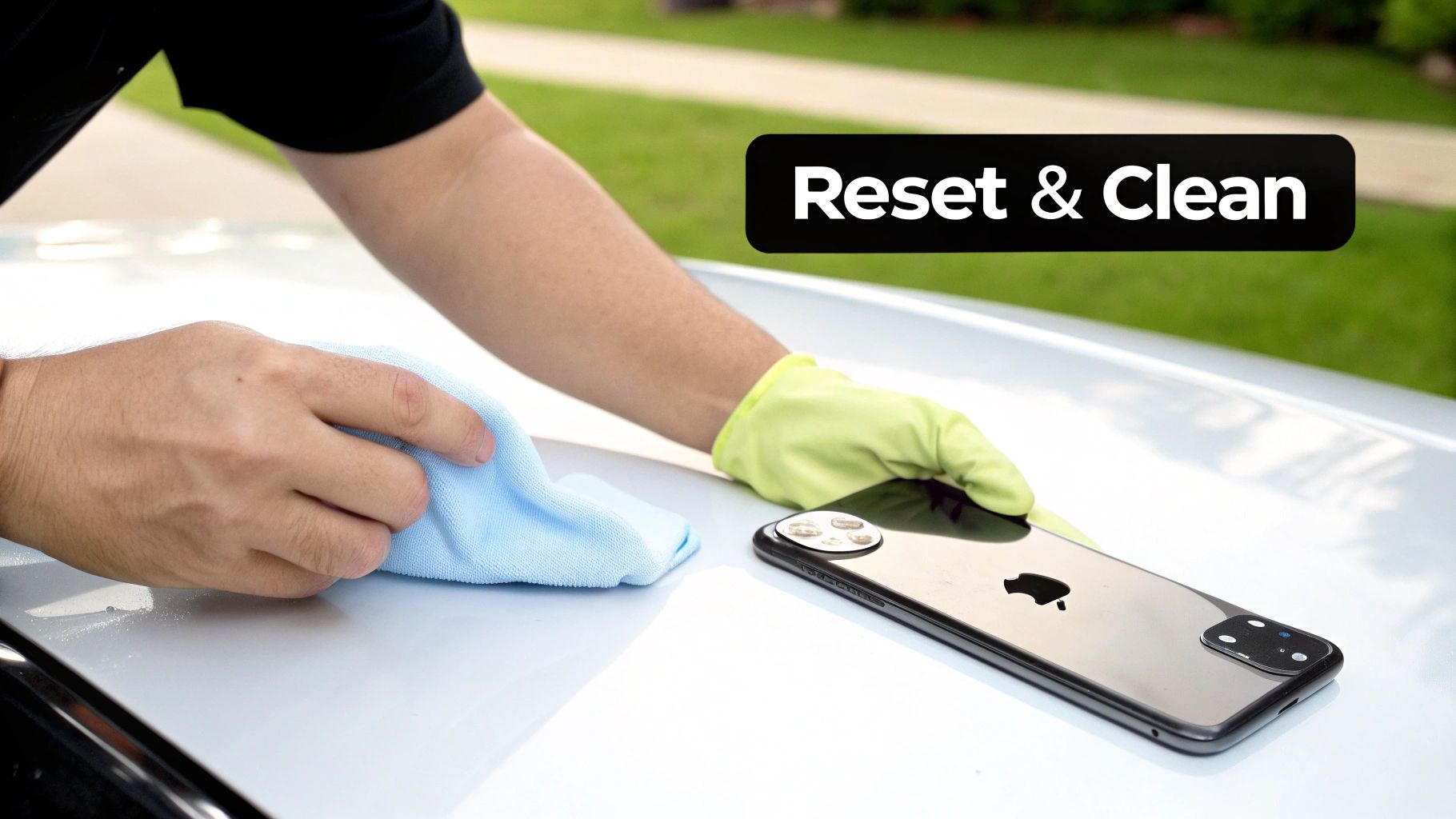 A person carefully cleaning an iPhone screen with a microfibre cloth, preparing it for sale.