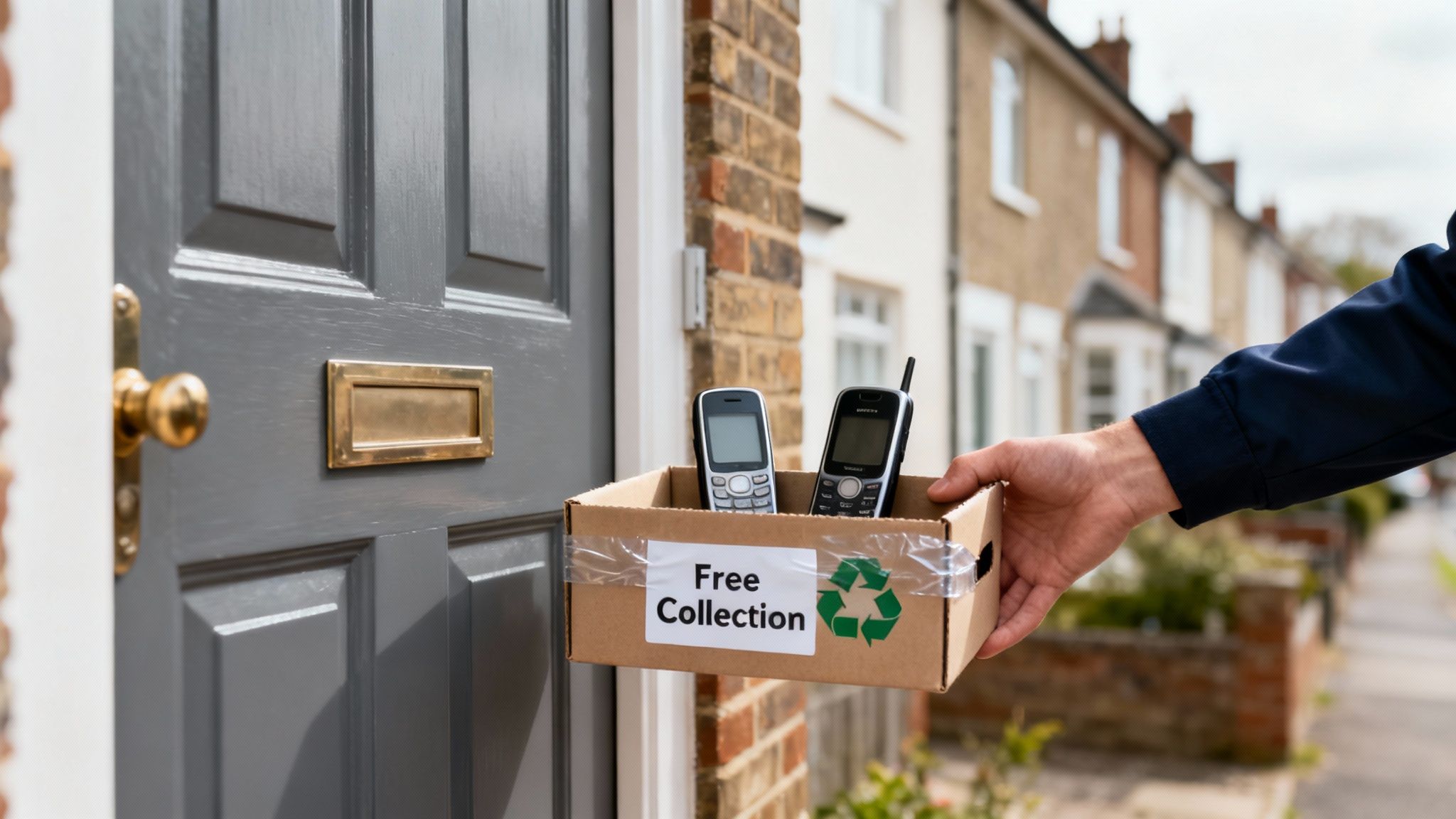 A hand holds a box of old mobile phones with 'Free Collection' for recycling at a front door.
