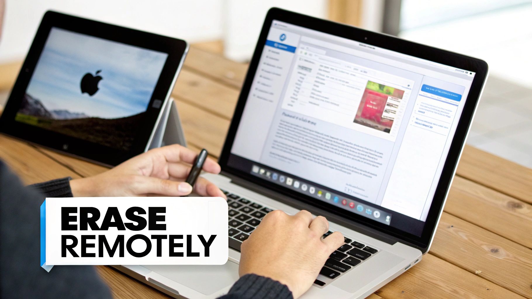 An illustrated map showing a pin on an iPad's location, with a person using a laptop nearby to access the Find My feature.