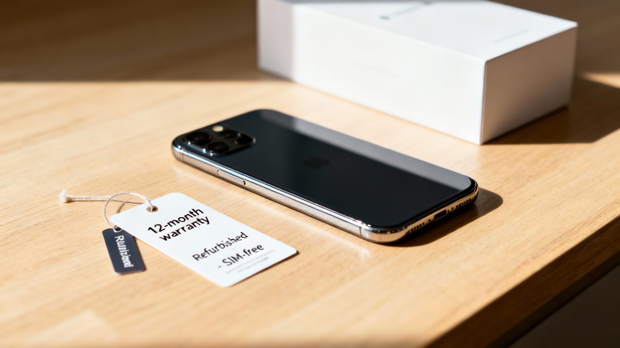 A refurbished, SIM-free smartphone with a 12-month warranty tag on a wooden surface.