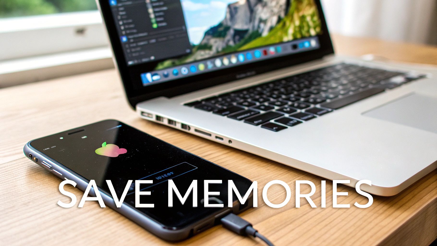 A person holding an iPhone, which is connected to a laptop with a cable, illustrating the backup process.