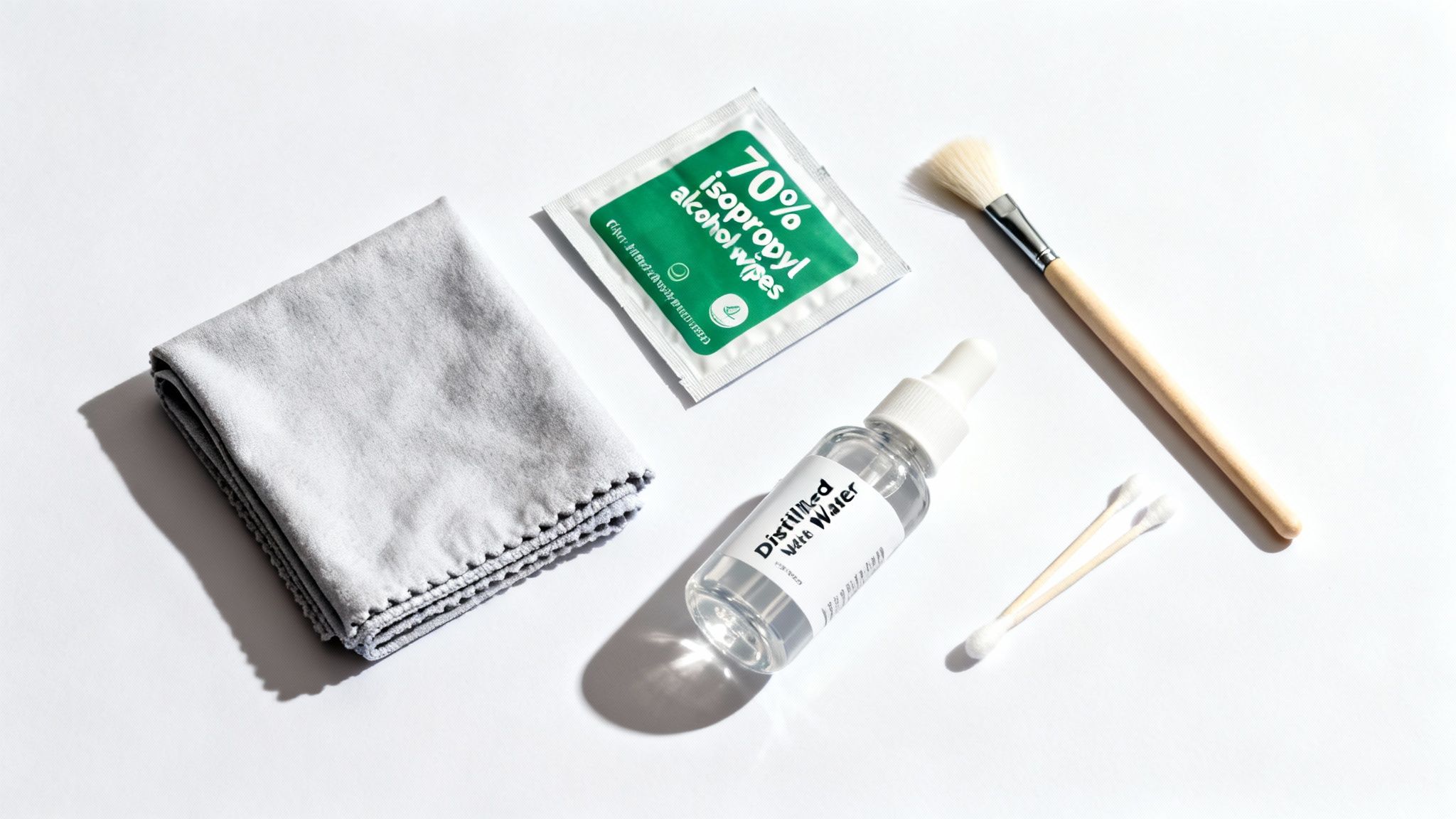 A flat lay of phone cleaning supplies including a cloth, alcohol wipes, distilled water, brush, and cotton swabs.