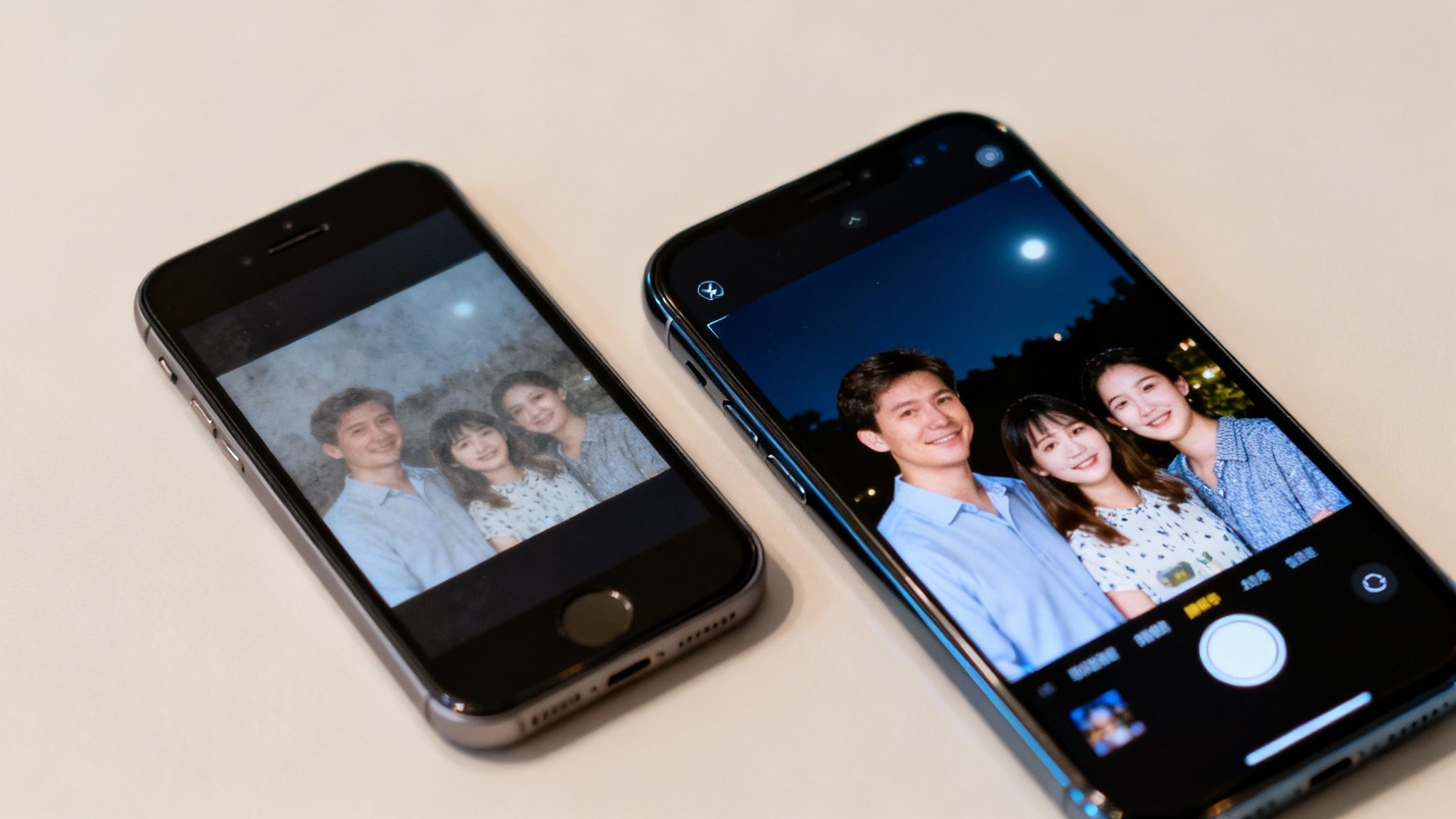 Two iPhones side-by-side, displaying the same family photo with different clarity and quality.