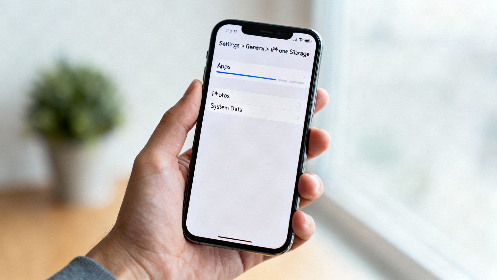 A person holds an iPhone showing the 'iPhone Storage' settings screen with categories like Apps, Photos, and System Data.