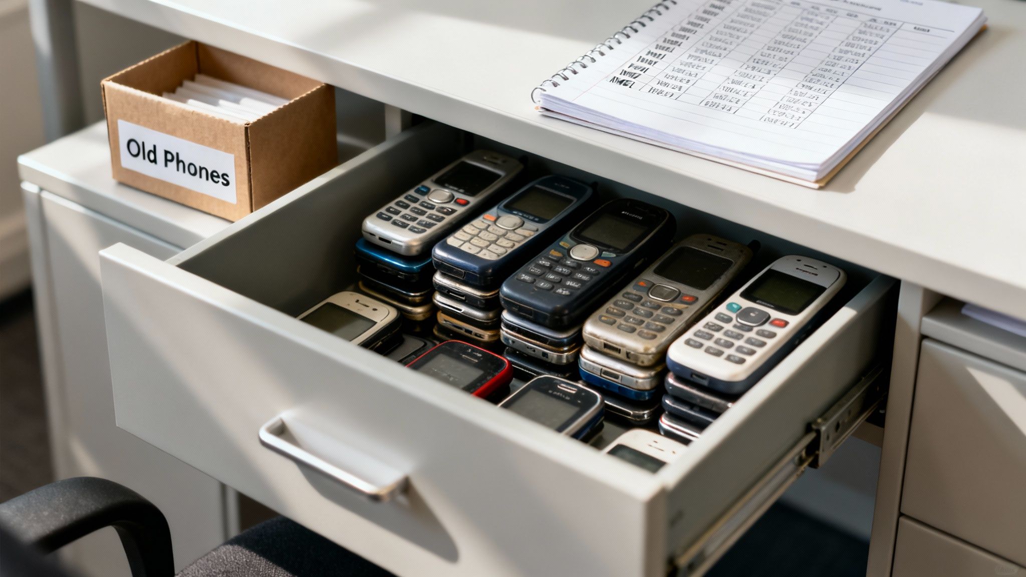 A desk drawer open and filled with many old mobile phones, next to a box labeled “Old Phones”.