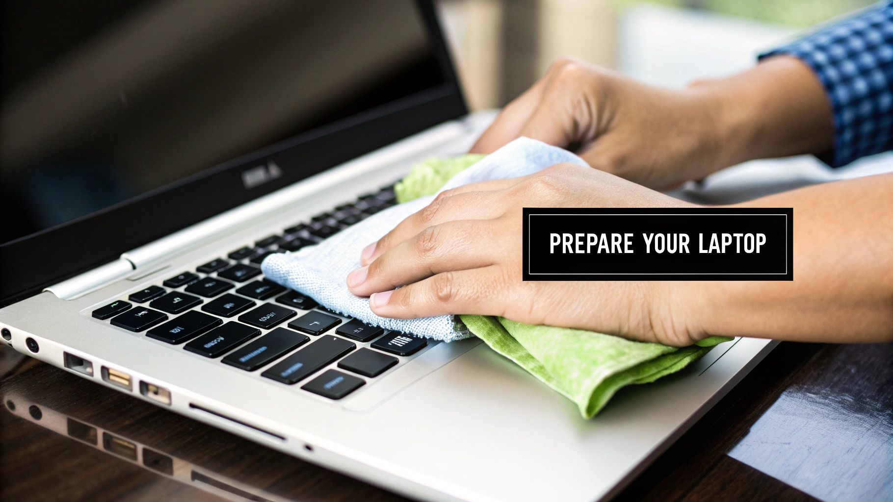 A clean and tidy laptop on a desk, ready to be sold.