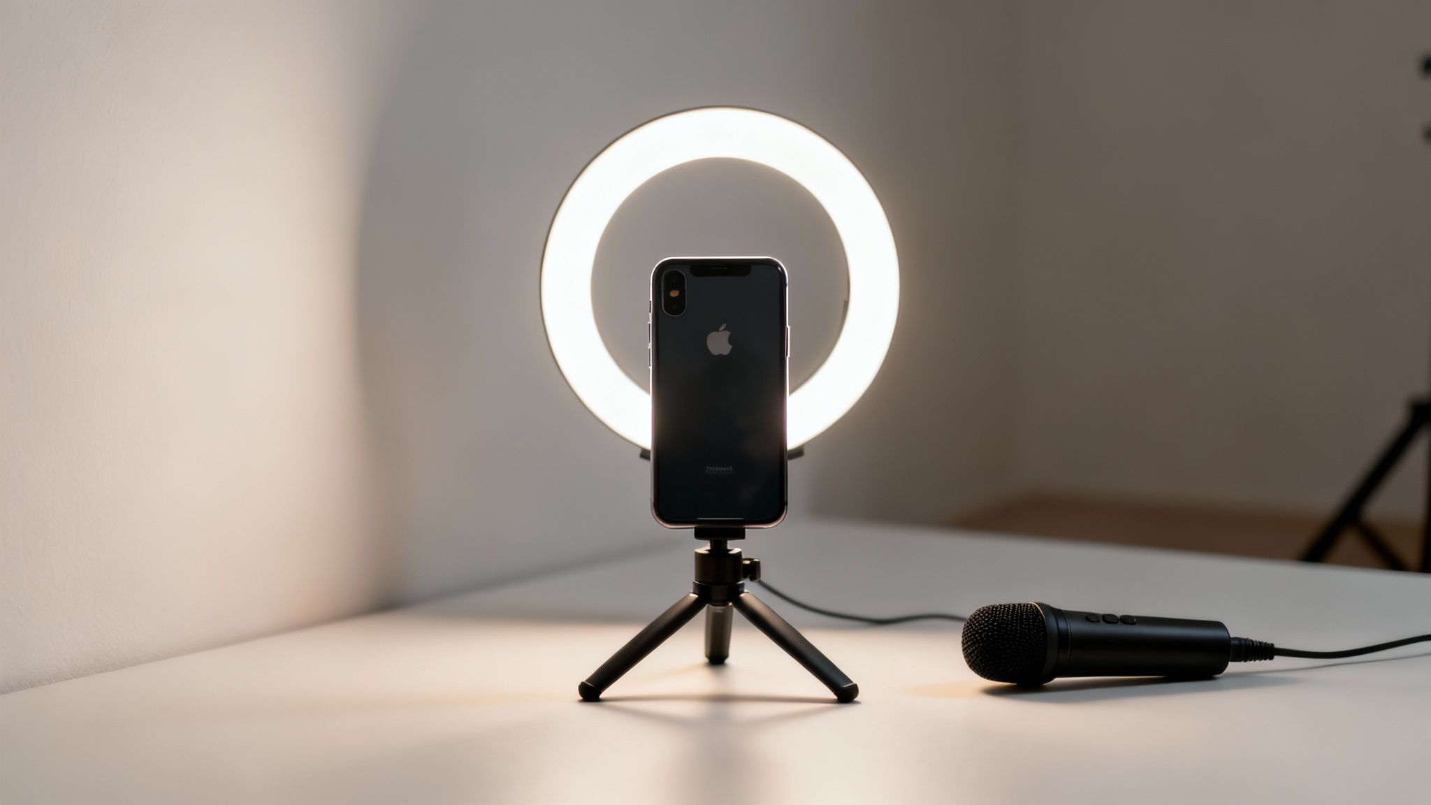 An iPhone mounted on a tripod in front of a bright ring light with a black microphone.