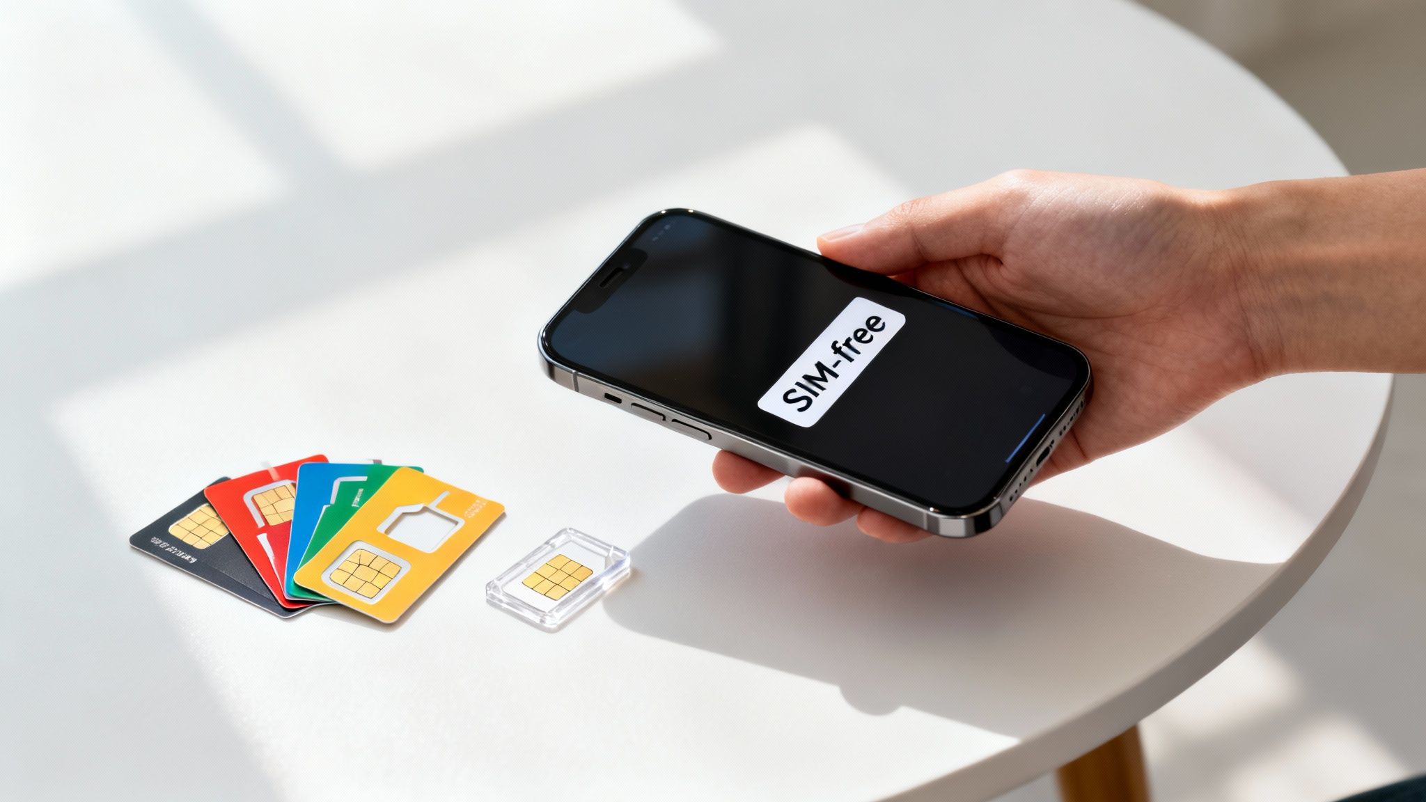 A person's hand holds a smartphone displaying 'SIM-free' text, with various colored SIM cards on a white table.