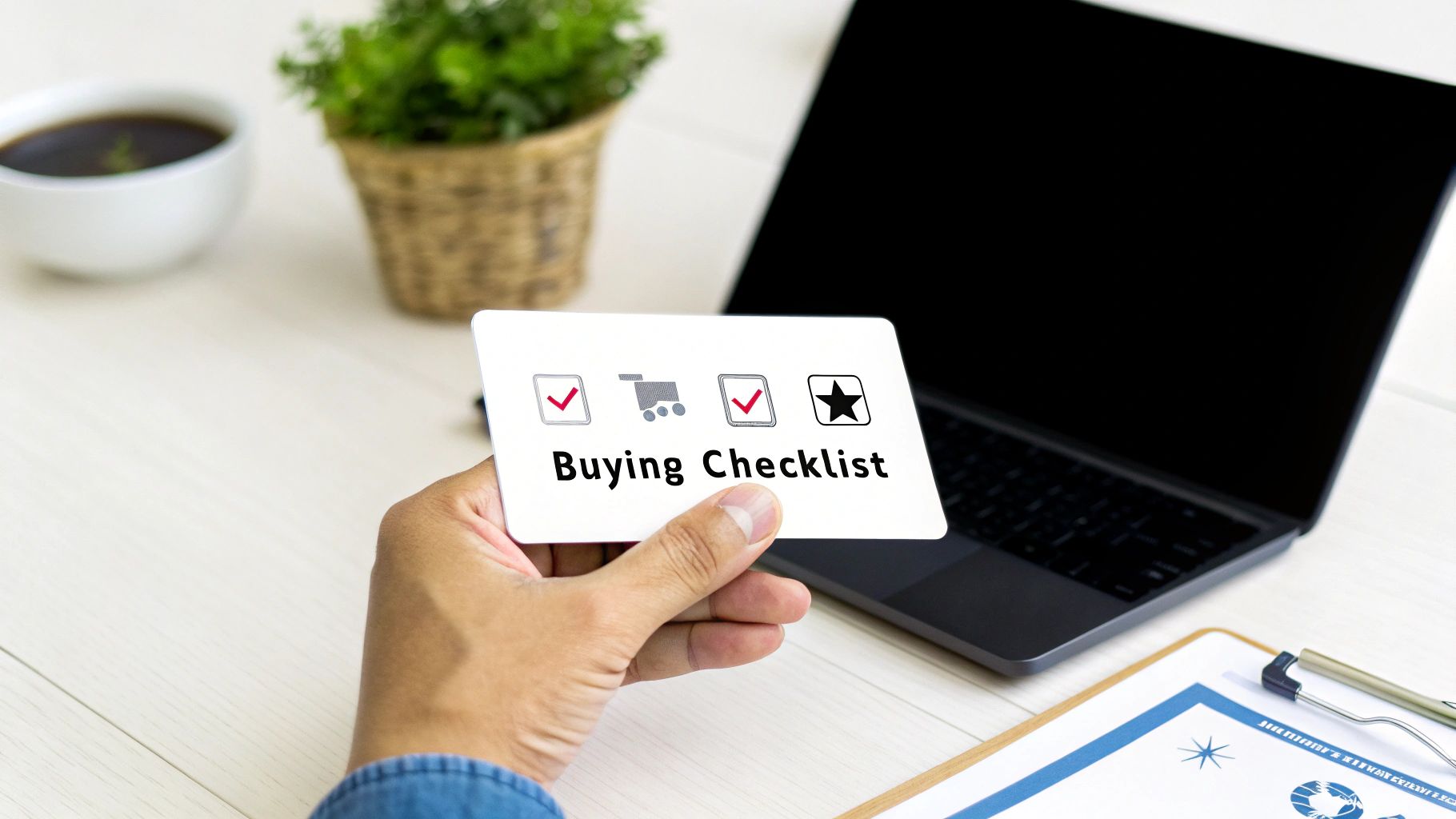 A person's hands holding a checklist while looking at a refurbished iPhone on a laptop screen.